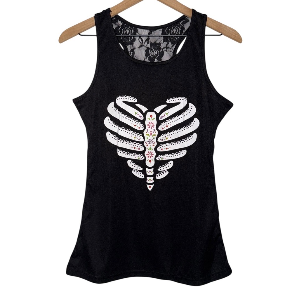 Halloween Skeleton Graphic‎ Goth Spooky Lace Women's Racerback Tank Top - Picture 3 of 6